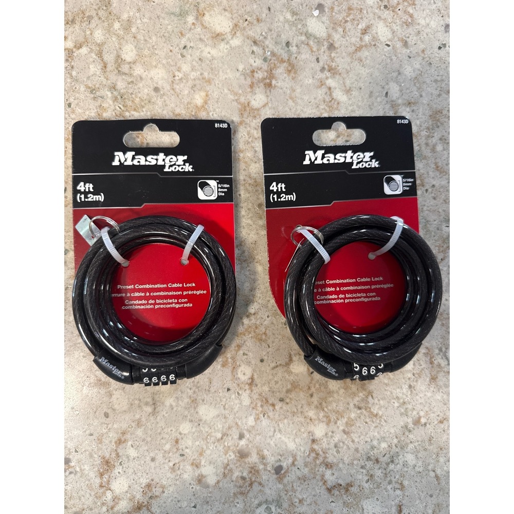 Lot of 2 Master Lock 8143D 4ft Preset Combination‎ Cable Bike Locks Black 5/16in